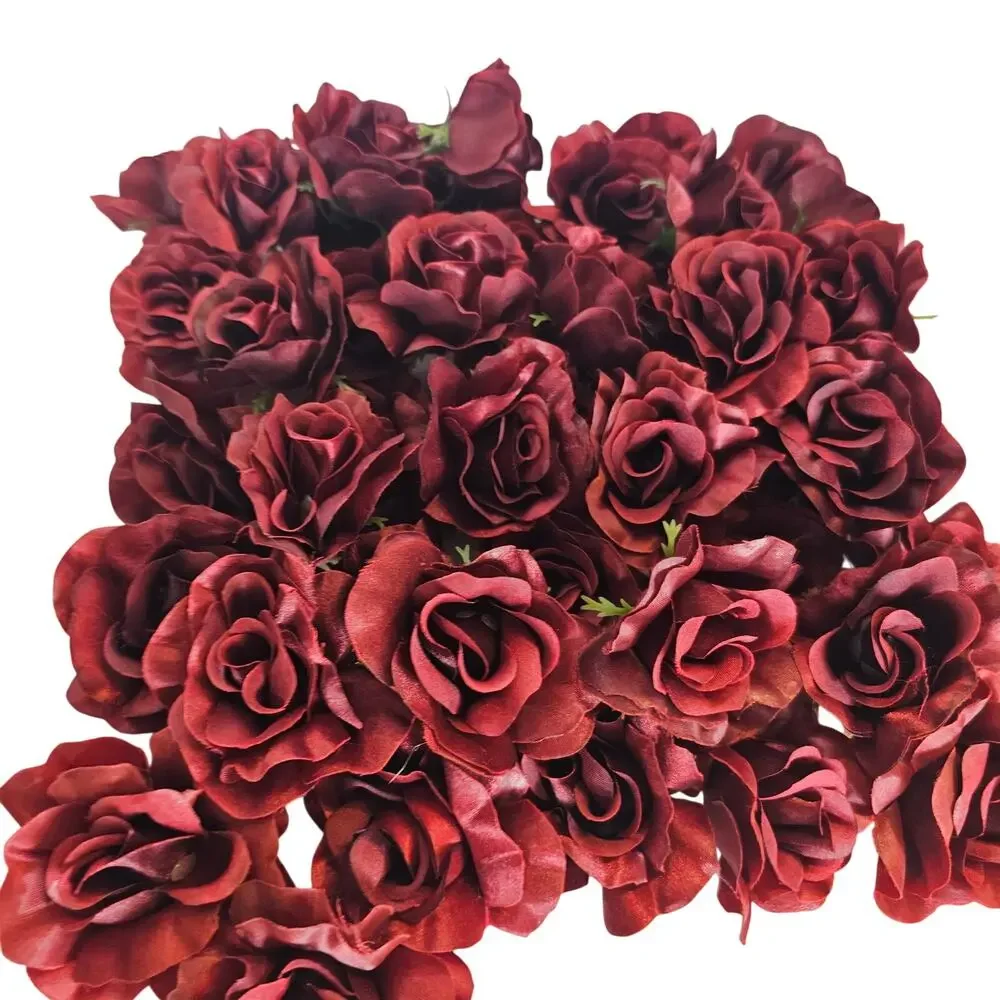 50 Burgundy Red Satin Rose Heads Stemless Wedding Floral Craft DIY 2.5in Flowers